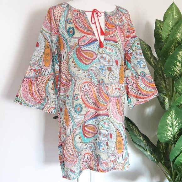 J Crew Ratti Multicolor Scribble Paisley Print Tassel Tie Beach Tunic / Cover-up - Picture 1 of 12